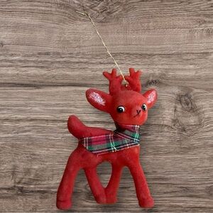 Vintage Red Flocked Reindeer Christmas Ornament